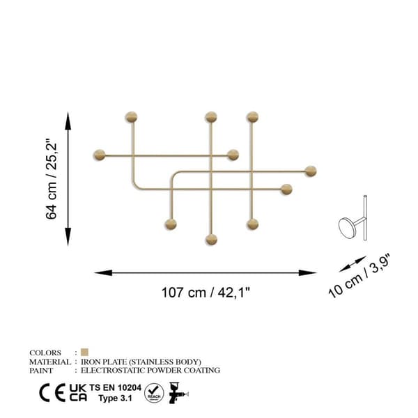 Porte manteaux mural 9 patères en métal doré H64 cm - SAMARA