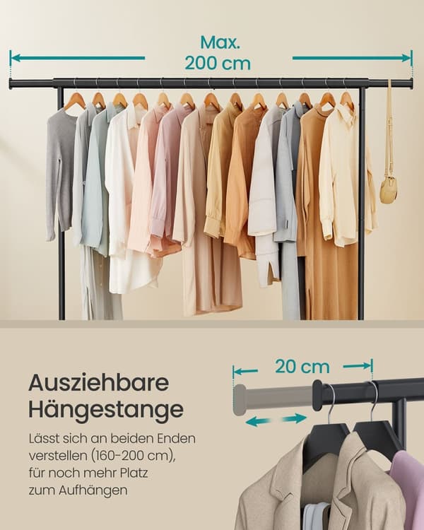 Rootz Justerbart tøjstativ - Beklædningsstativ - Rolling Rack - Max Load 110 kg - 45 x (160-200) x 162,9 cm - Sort