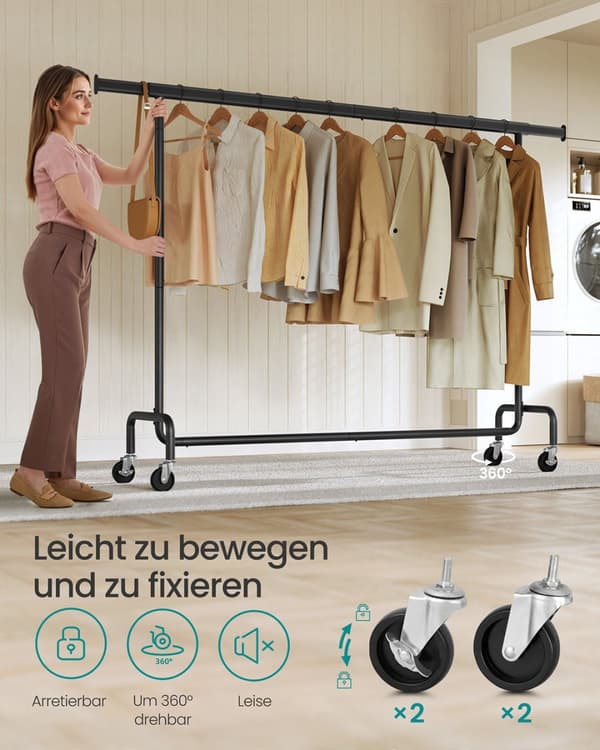 Rootz Justerbart tøjstativ - Beklædningsstativ - Rolling Rack - Max Load 110 kg - 45 x (160-200) x 162,9 cm - Sort