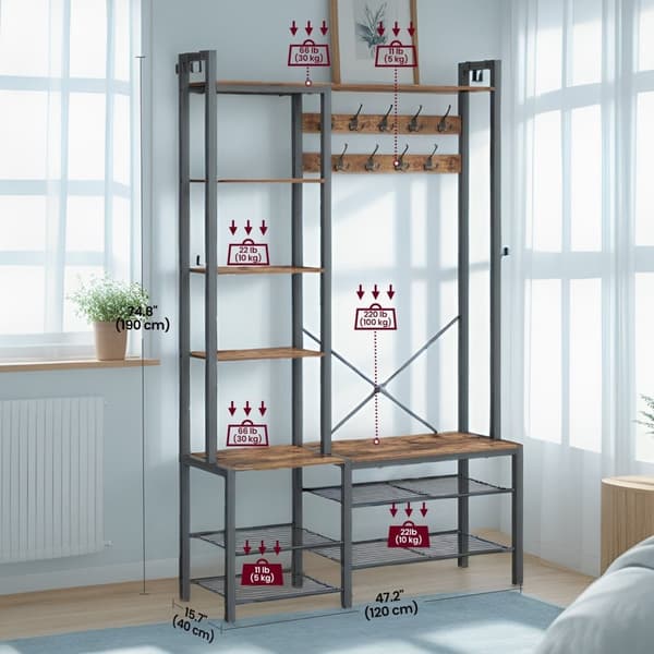 Rootz garderobstativ med skobänk - garderob - 5 hyllnivåer - rymdbesparande design - 40 cm x 120 cm x 190 cm