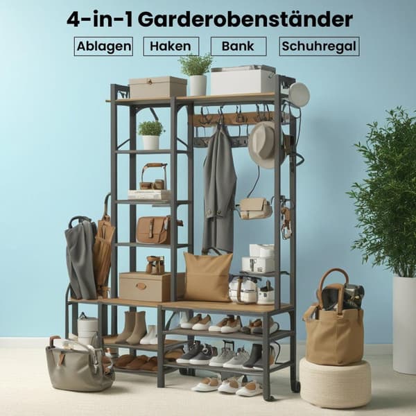 Rootz garderobstativ med skobänk - garderob - 5 hyllnivåer - rymdbesparande design - 40 cm x 120 cm x 190 cm