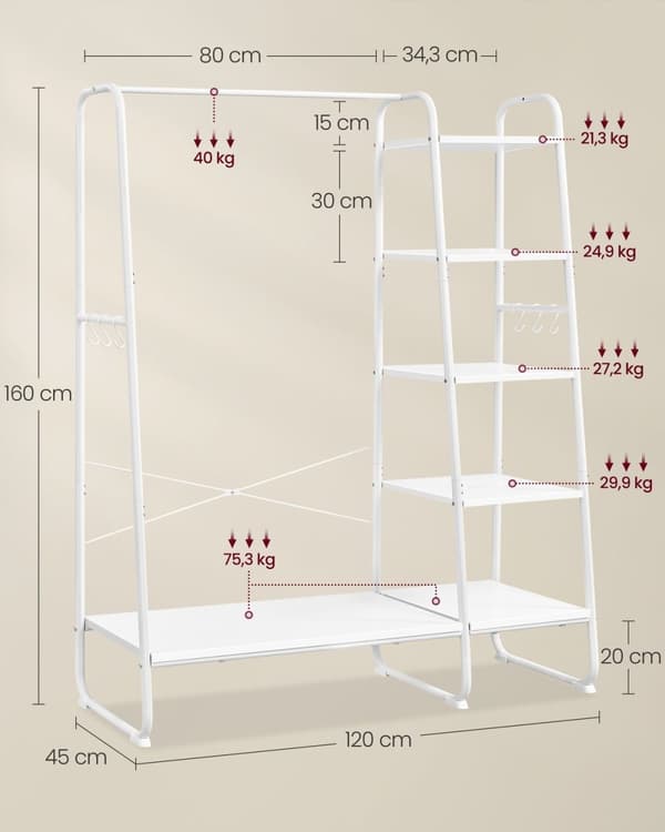 Rootz tøjstativ med 6 kroge - tøjskinne - frakke stativ - rumbesparende - 45 cm x 120 cm x 160 cm