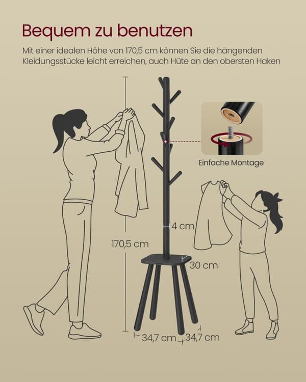 Rootz garderob Stand - Coat Rack - Hall Tree - 8 Hooks & Storage - Space Saving Design - Gummiträ & MDF - 34,7 x 34,7 x 170,5 cm - Svart