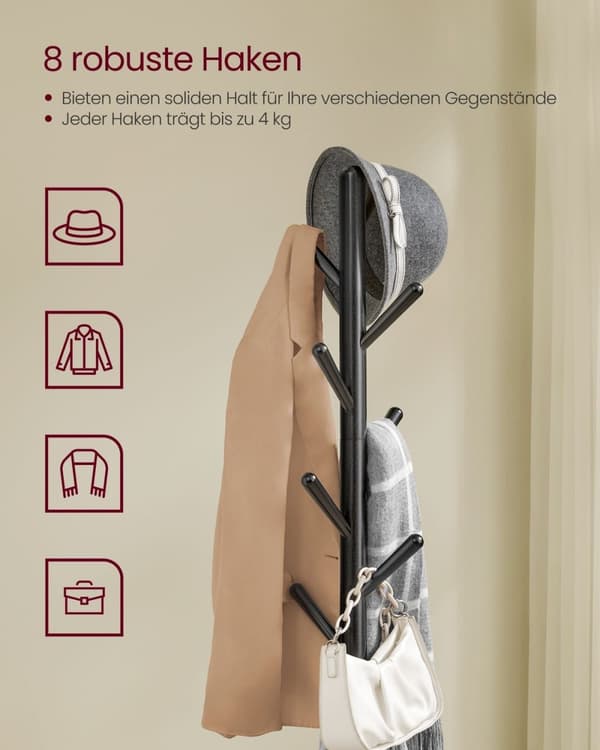 Rootz garderob Stand - Coat Rack - Hall Tree - 8 Hooks & Storage - Space Saving Design - Gummiträ & MDF - 34,7 x 34,7 x 170,5 cm - Svart