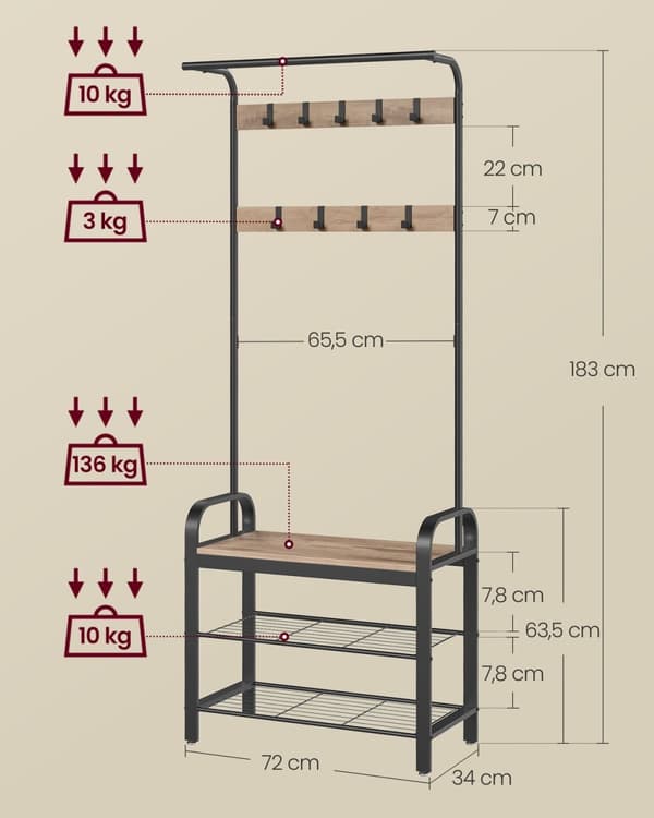 Rootz Cloadroom Stand med 9 aftagelige kroge - frakke rack - hat stativ - holdbart spånplade og stål - 33,7 cm x 72 cm x 183 cm