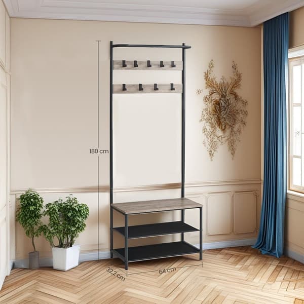 Rootz garderob Stand med skobänk - Klädställ - Coat Organizer - Easy Montering - 32,2 x 64 x 180 cm - Brown -Black