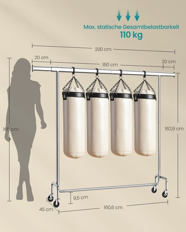 Rootz klädstativ - Rullande plaggstativ - Mobilkläderstativ - Silverstål - Justerbar höjd 45 x (160-200) x 162,9 cm