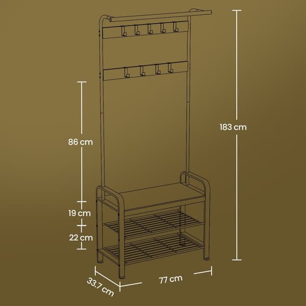 ROOTZ CLOAKLOOM STAND & SHOE BENCH - Garderobe Rack - Entryway Organizer - Rumbesparende design - 33,7 cm x 72 cm x 183 cm