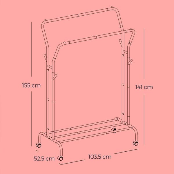 Rootz klädställ på rullar - kläder pinnar - garderobstång - stål, 100 kg kapacitet - 52.5x103.5x155cm, vit