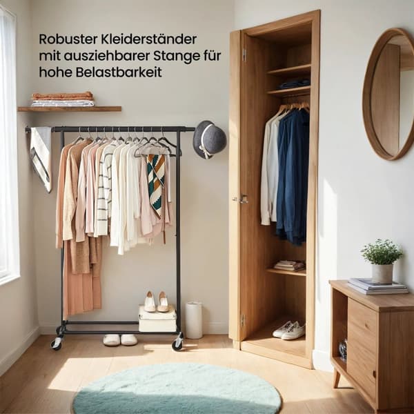 Rootz klädställ på hjul - tung garderobsstativ - utdragbar klädskena - rynkafri förvaring - 92-132 cm x 45,4 cm x 160 cm