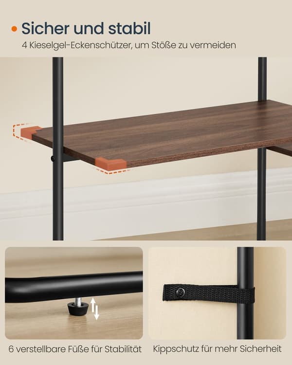 Rootz garderob Stand med 6 hyllor - garderobsarrangör - hyllenhet - brun och svart - hållbart stål, spånskiva - 33,8x163,6x175,3 cm