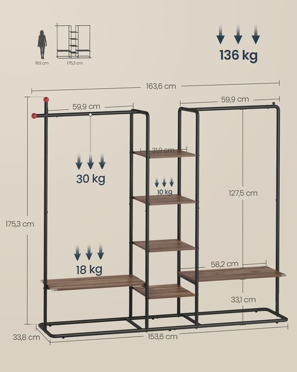 Rootz garderob Stand med 6 hyllor - garderobsarrangör - hyllenhet - brun och svart - hållbart stål, spånskiva - 33,8x163,6x175,3 cm