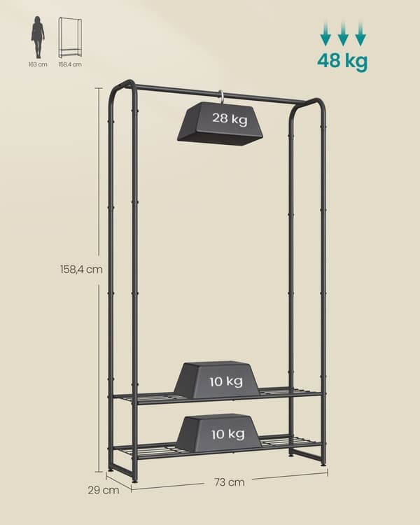 Rootz klädstativ med hyllor - plaggstativ - förvaringsenhet - stålkonstruktion - 29x73x158.4cm - Matt svart finish