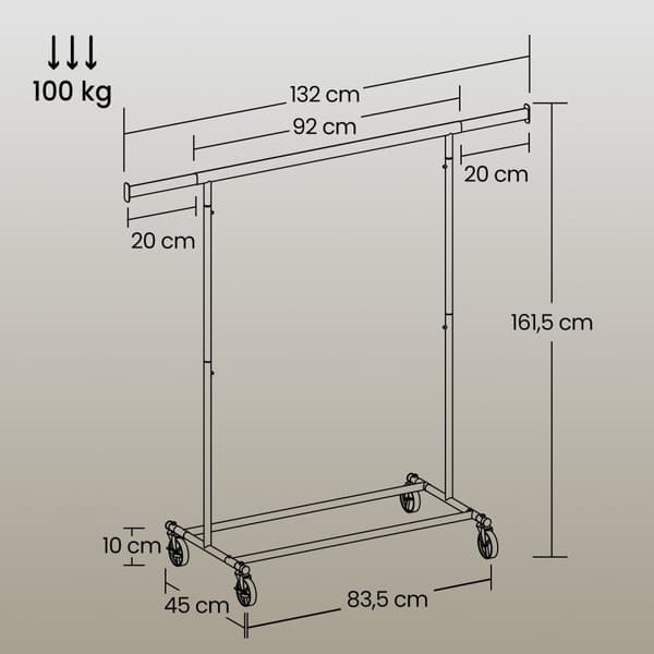 Rootz tøjstativ på hjul - Garderobe Stand - Pull -Out Clothes Rail - Rynkefri opbevaring - 92-132 cm x 160 cm x 45,4 cm