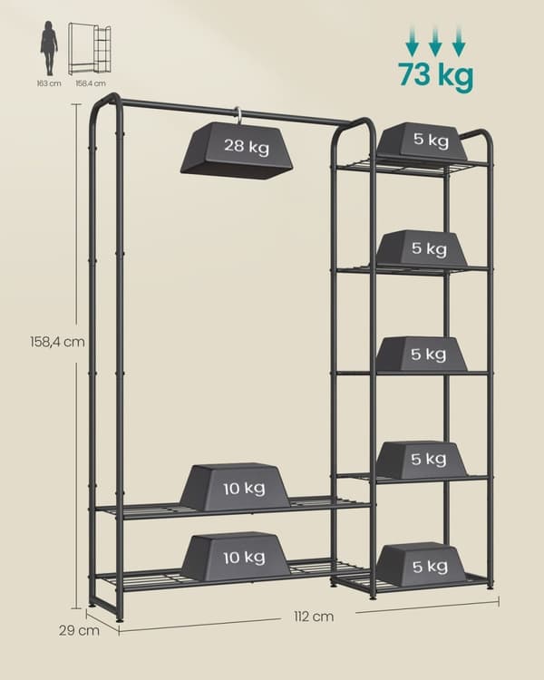 Rootz tøjstativ med hylder - tøjarrangør - tøjstativ - Robust stål - 29x112x158.4cm - Max Load 73 kg - Matt Black