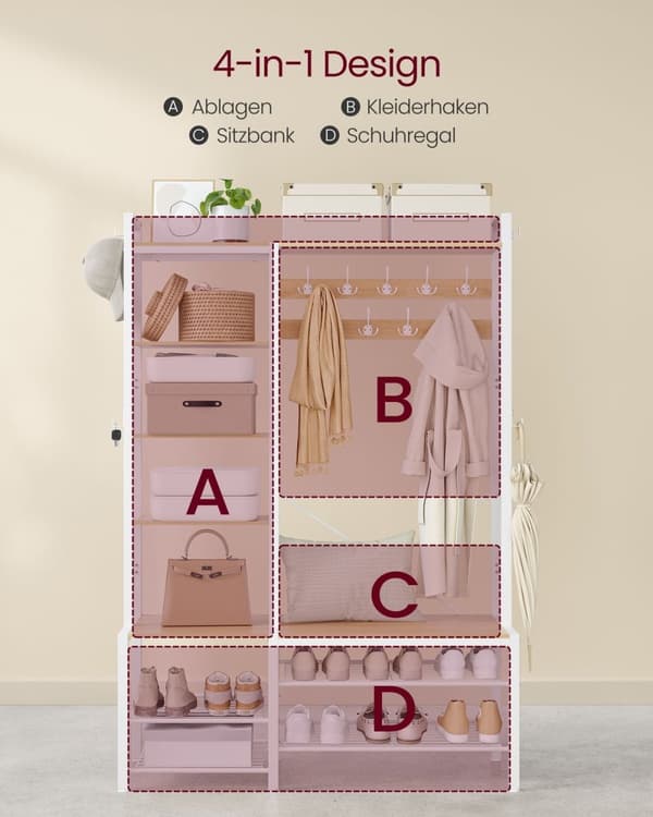 Rootz Cloadroom Stand With Shoe Bench - Garderobeopbevaring - Engangeway Organizer - Sturnet design - 40 cm x 120 cm x 190 cm