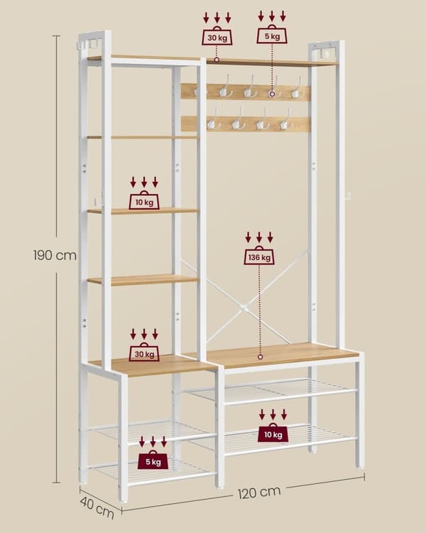Rootz Cloadroom Stand With Shoe Bench - Garderobeopbevaring - Engangeway Organizer - Sturnet design - 40 cm x 120 cm x 190 cm