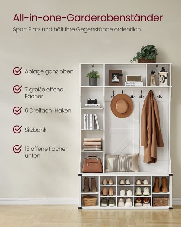 Rootz Clothing Rack - Garderob Stand - plaggarrangör - White Finish - 40x130x200cm - Robust träflisbrädan och stålkonstruktion