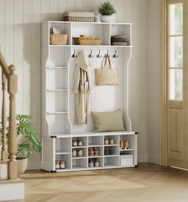Rootz Clothing Rack - Garderob Stand - plaggarrangör - White Finish - 40x130x200cm - Robust träflisbrädan och stålkonstruktion