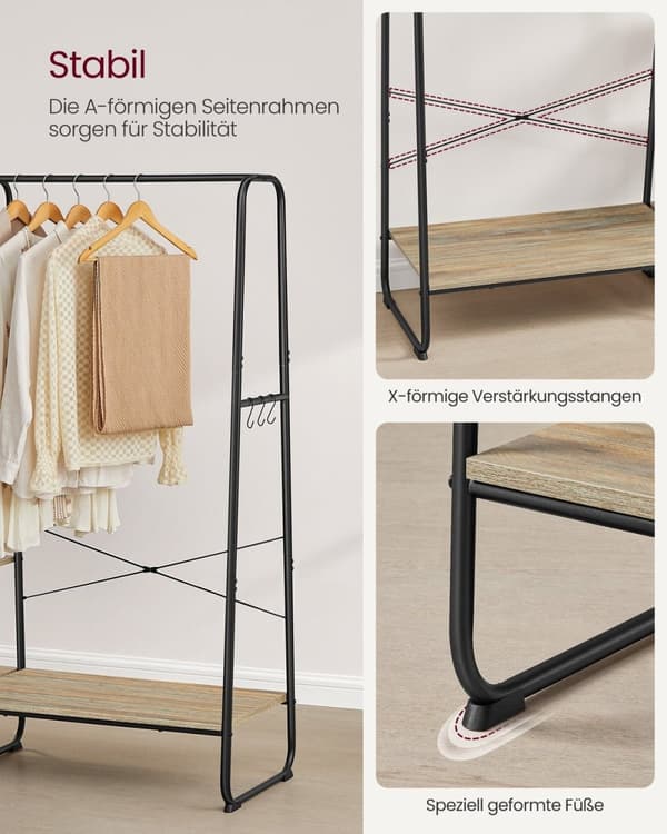 Rootz klädstativ med 6 krokar - kappstativ - plaggskena - tungt - 45x120x160cm - brun, svart