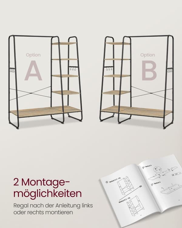 Rootz klädstativ med 6 krokar - kappstativ - plaggskena - tungt - 45x120x160cm - brun, svart