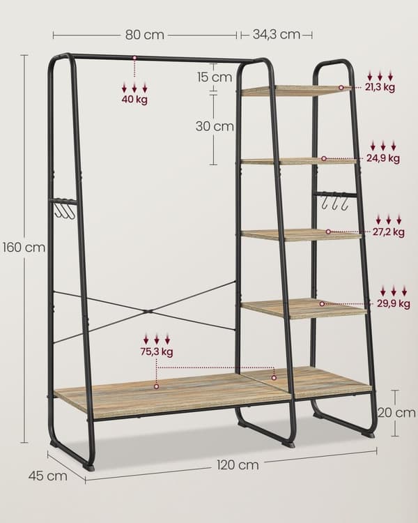 Rootz klädstativ med 6 krokar - kappstativ - plaggskena - tungt - 45x120x160cm - brun, svart