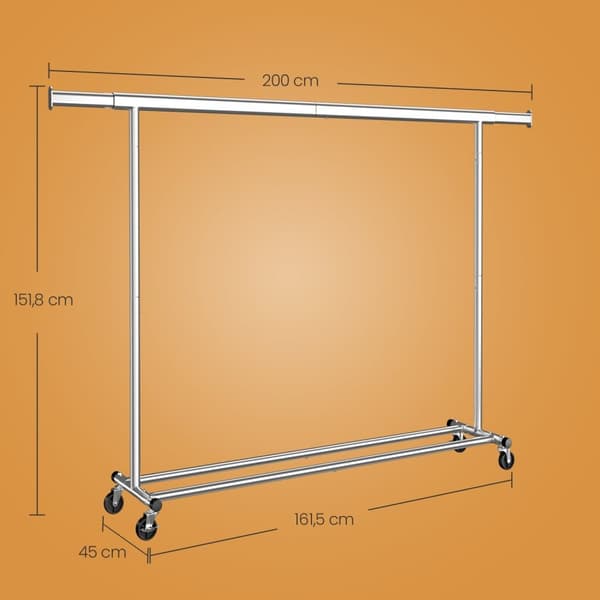 Rootz klädstativ - Garderobstativ - Rolling Clothes Bar - tungt stål - 45 cm x (160-200 cm) x 161,5 cm - 150 kg lastkapacitet