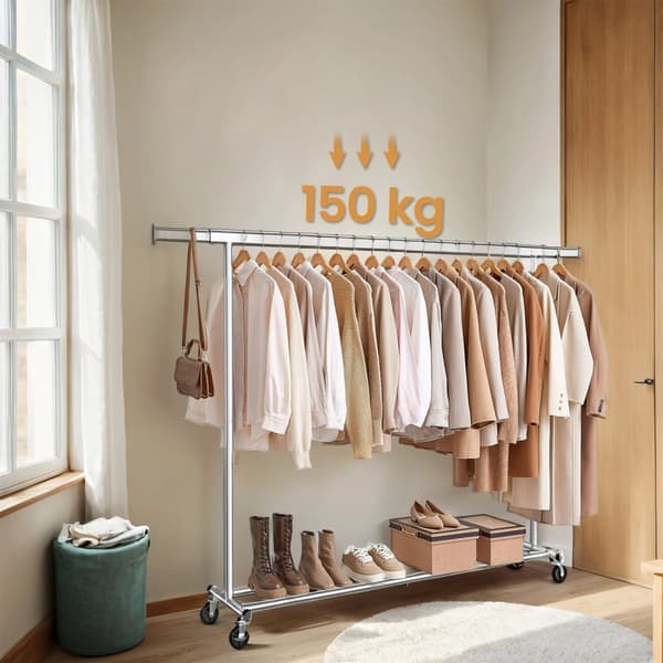 Rootz klädstativ - Garderobstativ - Rolling Clothes Bar - tungt stål - 45 cm x (160-200 cm) x 161,5 cm - 150 kg lastkapacitet