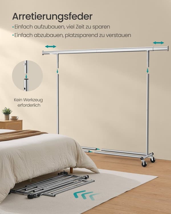 Rootz tøjstativ på ruller - Udvidelig tøjskinne - tøjstativ - Sølvstål - 45 x (160-200) x 161,5 cm