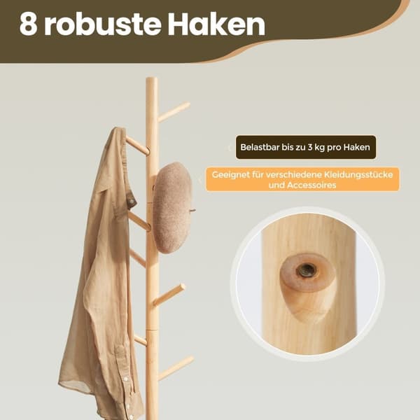 Rootz Fritstående massivt træ tøjstativ - Cloakroom Stand - Tree -Shape Garderobe - Stabil og holdbar - 47x47x175cm