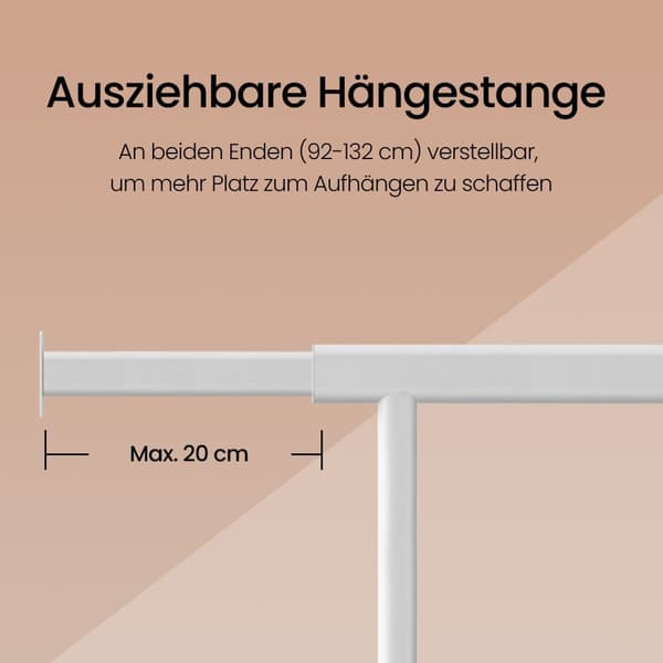 Rootz Heavy -Duty Clothing Rack - Garderobe Stand - Rollbar tøjskinne - Max Load 100 kg - Steel & Pp - 45x (92-132) X161.5cm - Hvid