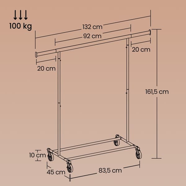 Rootz Heavy -Duty Clothing Rack - Garderobe Stand - Rollbar tøjskinne - Max Load 100 kg - Steel & Pp - 45x (92-132) X161.5cm - Hvid