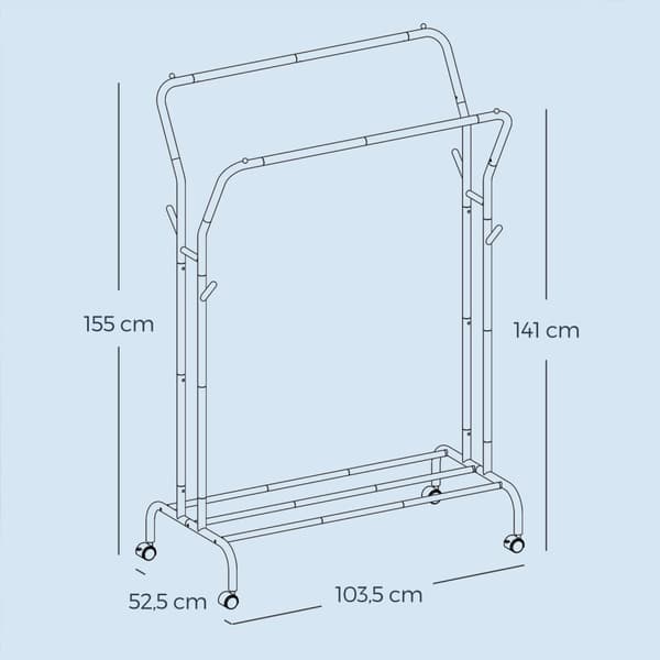 Rootz Rolling Clothing Rack - Tøjstang - Beklædningsstativ - Høj kapacitet - 52,5 cm x 103,5 cm x 155 cm
