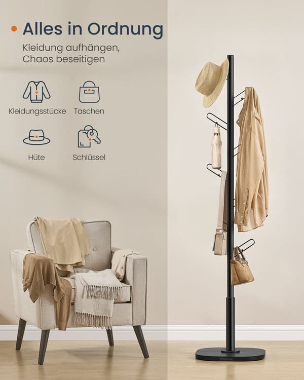Rootz Tree Form Garderobe - Coat Rack - Hat Stand - 8 Hooks - Black Steel & MDF - 40x40x175.3 cm