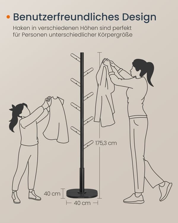 Rootz Tree Form Garderobe - Coat Rack - Hat Stand - 8 Hooks - Black Steel & MDF - 40x40x175.3 cm