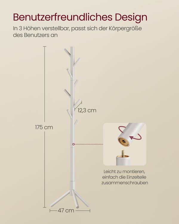 Rootz Solid Wood Coat Rack - Hvid, robust bøjle Stand - Holdbar og stilfuld - 47 x 47 x 175 cm