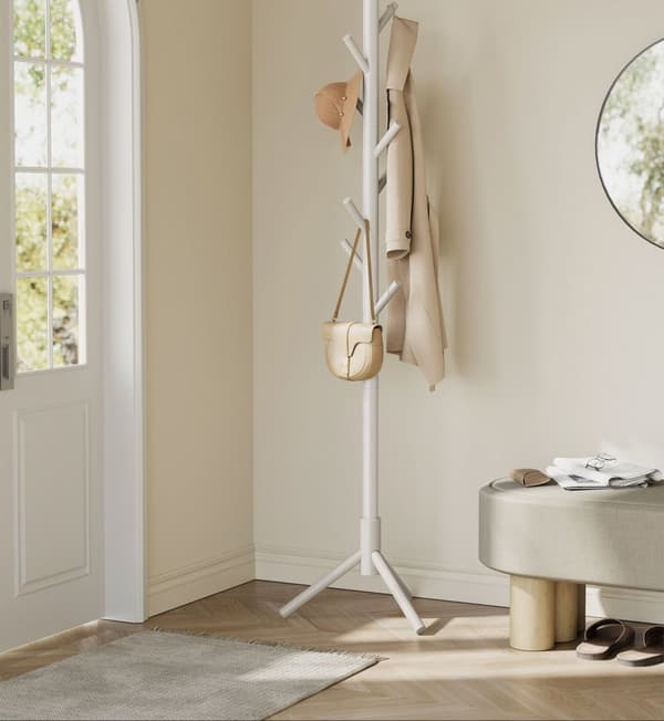 Rootz Solid Wood Coat Rack - Hvid, robust bøjle Stand - Holdbar og stilfuld - 47 x 47 x 175 cm