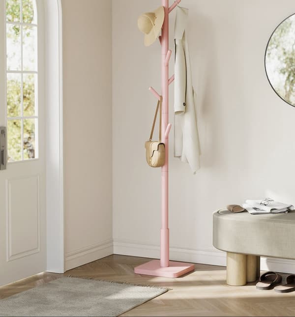 Rootz Solid Wood Clothing Rack - Coat Stand - 8 Hook Organizer - Space Saving Design - 30x30x175cm - Pastellrosa