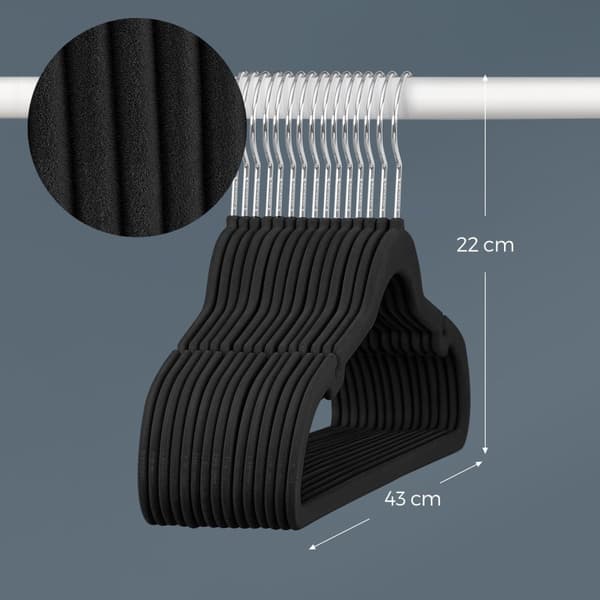 Rootz fløjlstøjsbøjler - skridsikre hængende barer - Skulder hak - Rumbesparende - 43 cm x 22 cm - Sort - pakke med 50