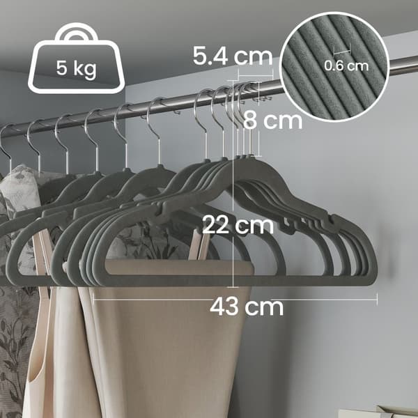 Rootz Velvet Wing Bar Hanger Set - Tøjarrangør - skridsikre bøjler - Rumbesparende - 43 cm x 0,6 cm x 22 cm - Grå