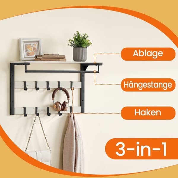 Rootz Wall Garderobe - Væghylde - Opbevaringshylde - 10 Aftagelige kroge - Maksimerer plads - 30 cm x 65 cm x 42 cm