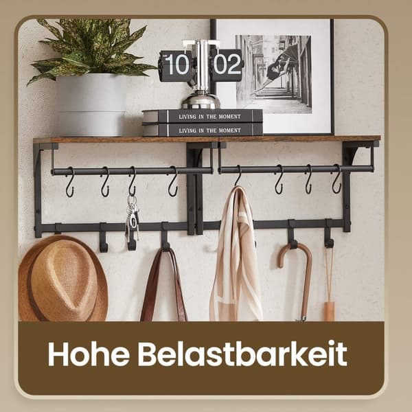 Rootz Wall Garderobe - Garderobe - Vægmonteret arrangør - 8 Hooks & Shelf - Rumbesparelse - 40 x 24 x 24 cm - Brun -sort