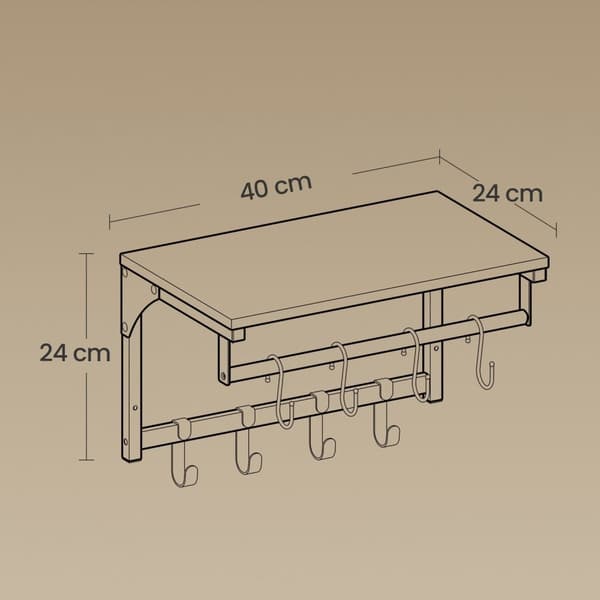Rootz Wall Garderobe - Garderobe - Vægmonteret arrangør - 8 Hooks & Shelf - Rumbesparelse - 40 x 24 x 24 cm - Brun -sort