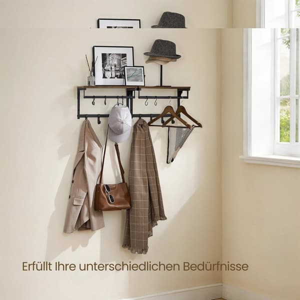 Rootz Wall Garderobe - Garderobe - Vægmonteret arrangør - 8 Hooks & Shelf - Rumbesparelse - 40 x 24 x 24 cm - Brun -sort