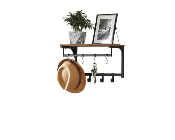 Rootz Wall Garderobe - Garderobe - Vægmonteret arrangør - 8 Hooks & Shelf - Rumbesparelse - 40 x 24 x 24 cm - Brun -sort