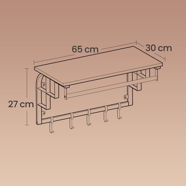 Rootz Wall Garderobe med hylde - Vægmonteret hængende hylde - Træspanel - 30 cm x 66 cm x 27 cm