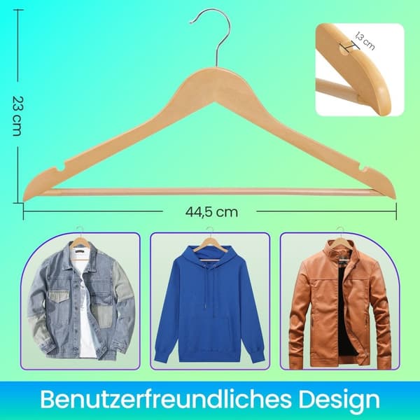 Rootz Wooden Hanger Set - Tøjbøjle - Fast træbeslag - Holdbart design - 44,5 x 1,2 x 23 cm