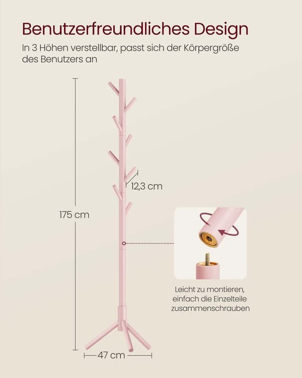Rootz Winders 'Stand in Tree Form - Justerbar tøjophæng - frakke rackstativ - Solid træ - 47x47x175cm - lyserød