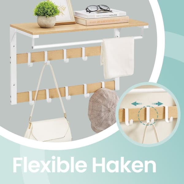 Rootz Wall Garderobe hylde - Væghylde - 10 Aftagelige kroge - Rumbesparelsesopbevaring - 30 cm x 65 cm x 42 cm