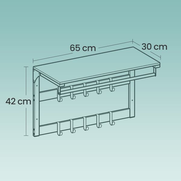 Rootz Wall Garderobe hylde - Væghylde - 10 Aftagelige kroge - Rumbesparelsesopbevaring - 30 cm x 65 cm x 42 cm